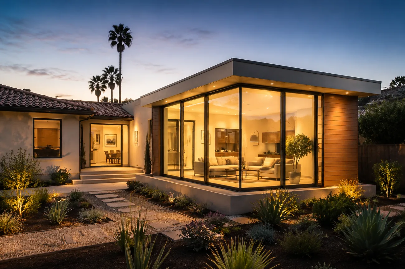 Modern room addition with floor-to-ceiling glass at dusk