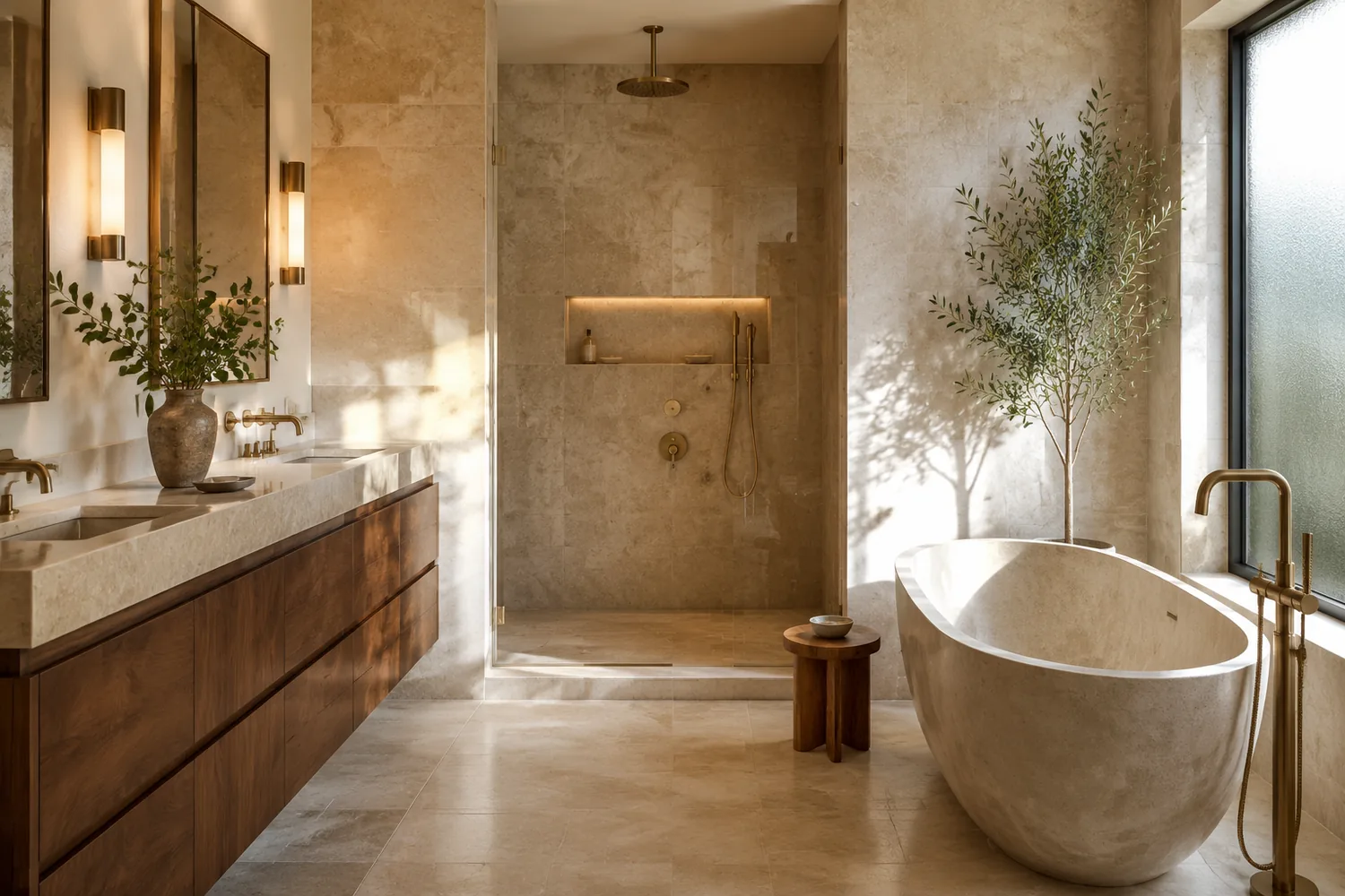 Spa bathroom remodel with stone tub and brass fixtures