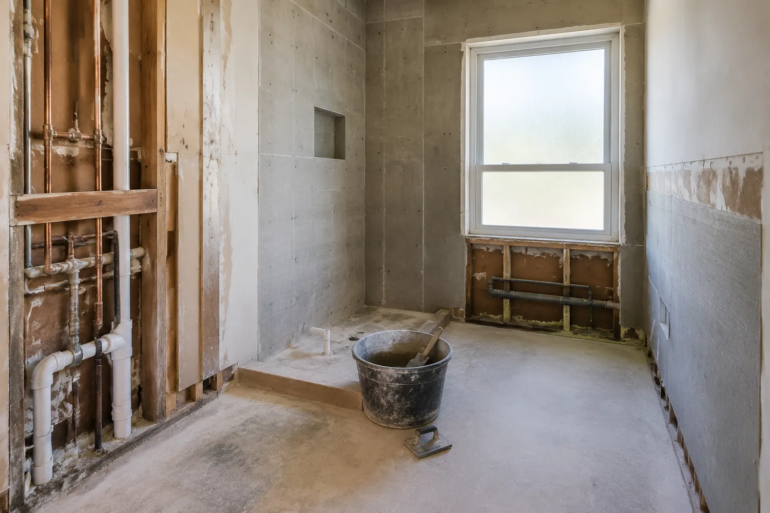 Bathroom stripped to exposed plumbing during renovation