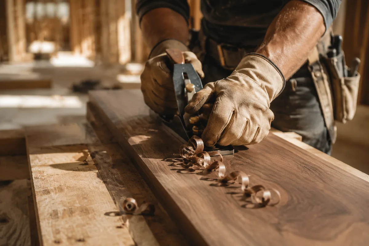 Craftsman planing a walnut board on site