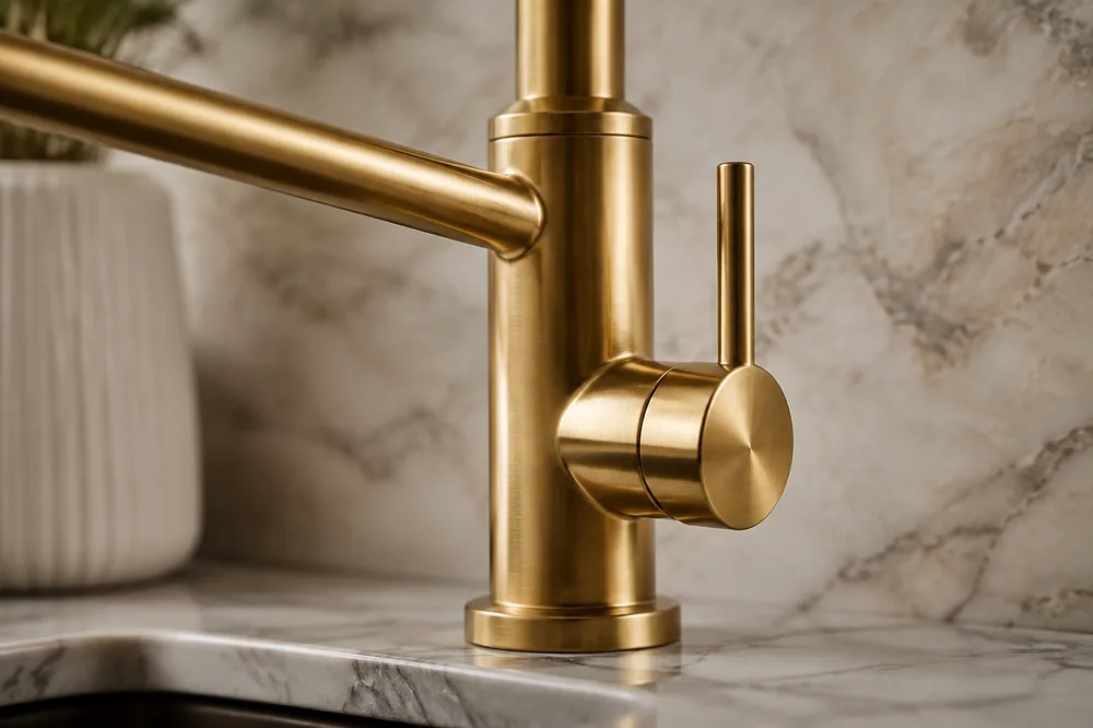 Brushed brass faucet detail on honed marble