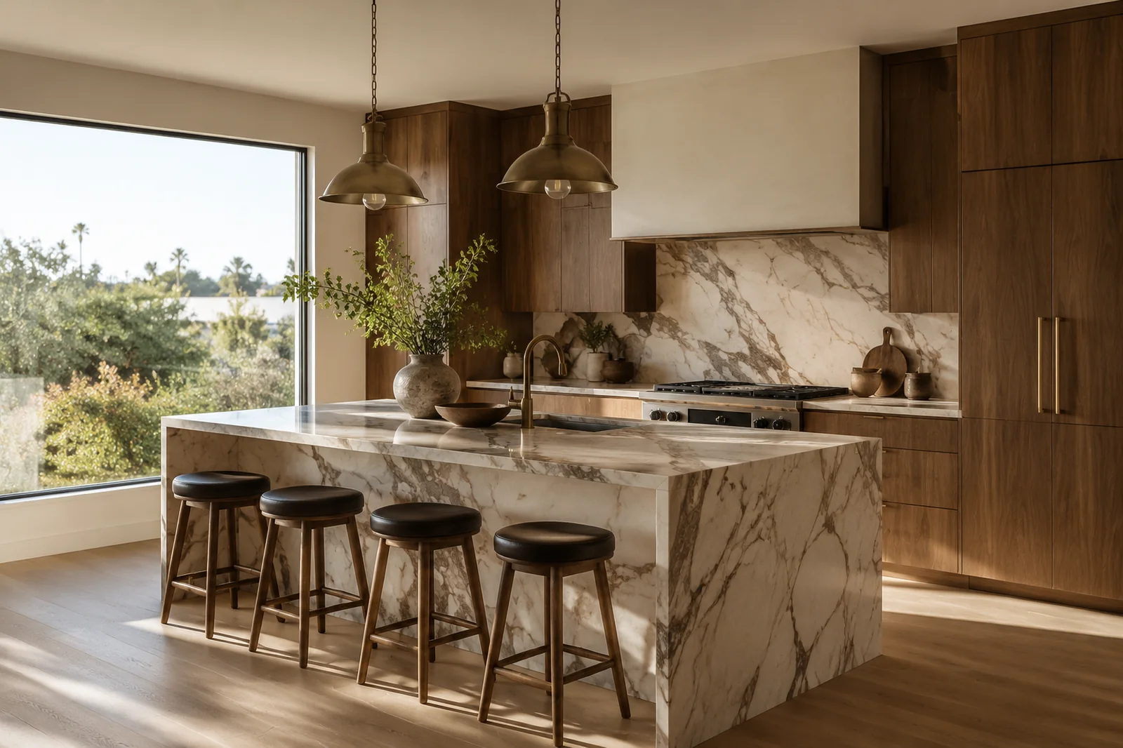 Finished kitchen remodel with marble island, walnut cabinetry and brass fixtures