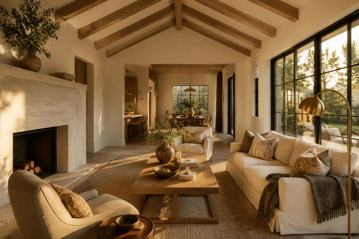 Whole-house remodel living room with vaulted oak beams